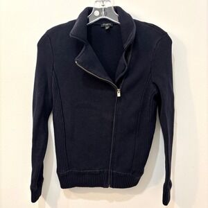 Talbot Petite Full Zip Jacket Long Sleeve Collar Navy Knit Cardigan Blue Granny